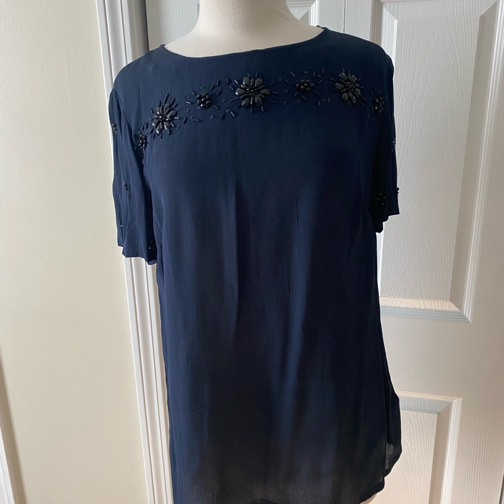 Navy Embellished Short-Sleeve Women's Top